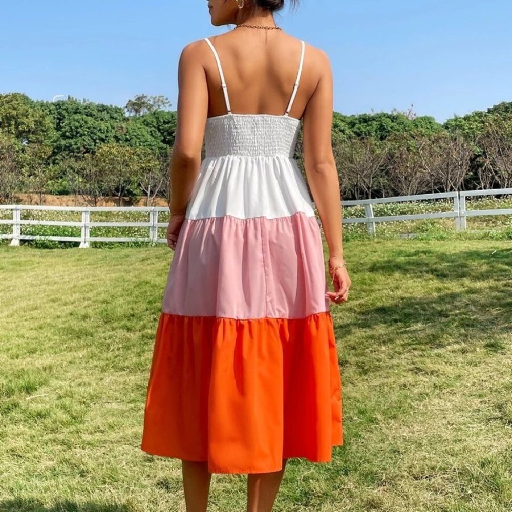 Knot Front Ruffle Hem Cami Dress - ColorBlock - Picture 4 of 7